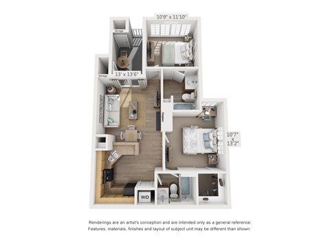 Floor plan for 2 beds, 2 baths, 800 sqft